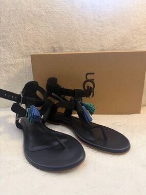 UGG Black Leather Tassel Thong Sandals with Blue-Green Accents
